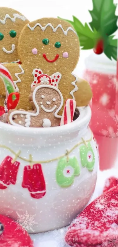 Festive gingerbread cookies in a decorative jar with Christmas elements.