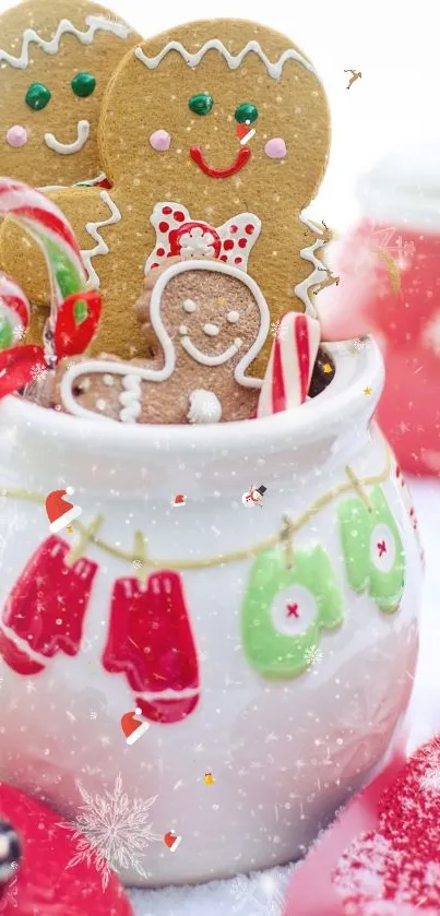 Festive gingerbread cookies with candy canes in a seasonal setting.