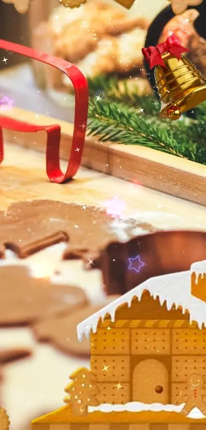 Festive gingerbread wallpaper with cookies and holiday bells.