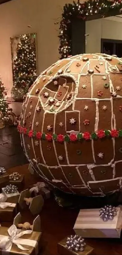 Gingerbread Death Star with Christmas decor and gifts.