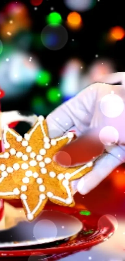 Hand holding gingerbread cookie with vibrant holiday background.