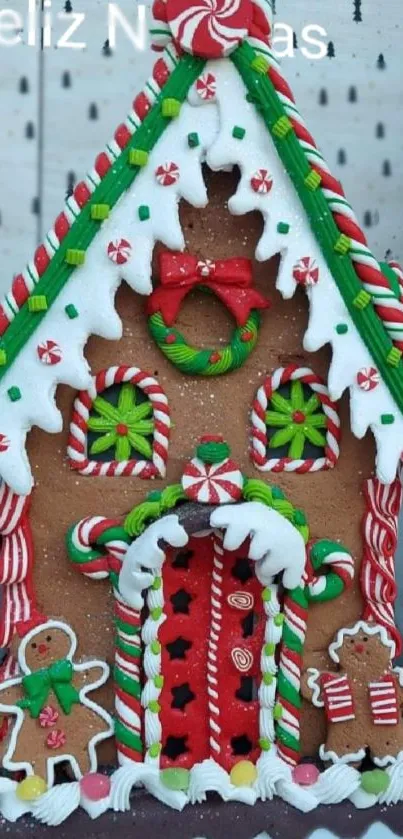 Festive gingerbread house with candy decor for Christmas.