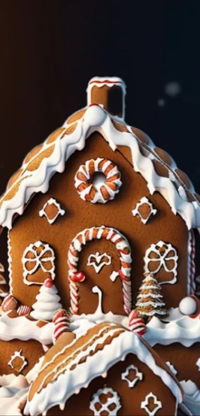 Detailed gingerbread house with icing and candy. Perfect festive mobile wallpaper.