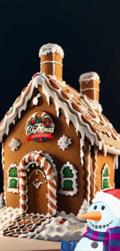 Gingerbread house with Christmas decor and snowman.