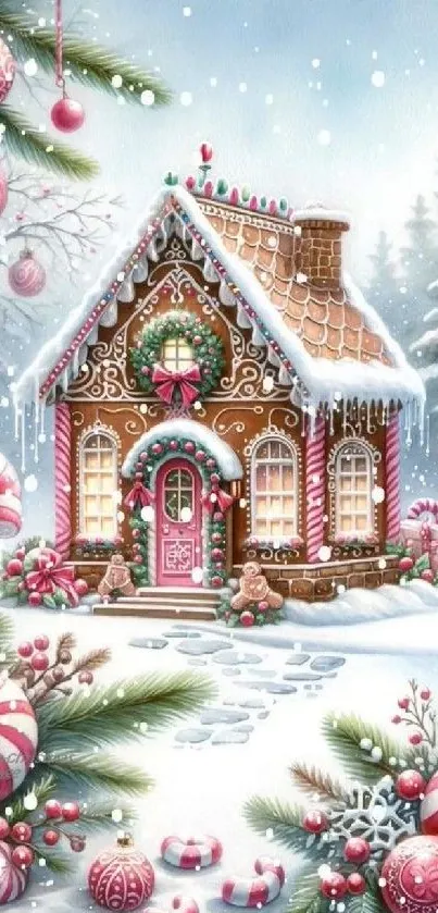 Festive gingerbread house with snow and candy canes in a winter wonderland.