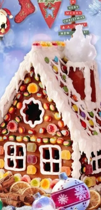 Gingerbread house with icing and candy in a festive holiday setting.