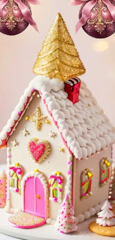 Colorful gingerbread house with holiday decorations and a gold roof.