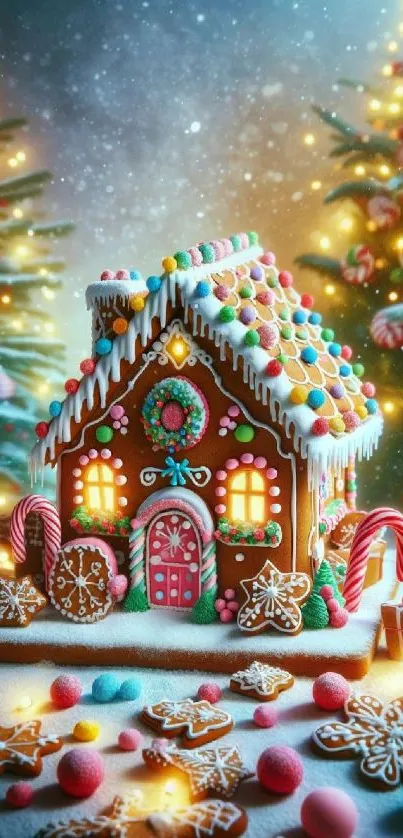 Gingerbread house with Christmas lights and candy decorations in a festive setting.