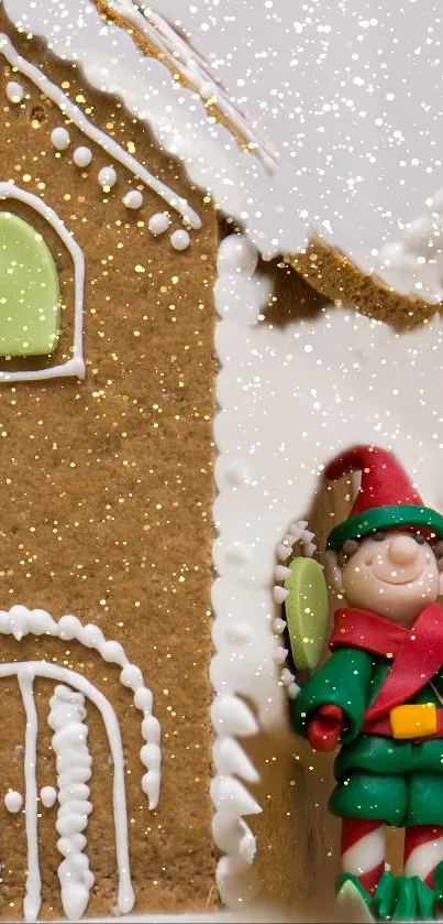 Festive gingerbread house with elf in snow.