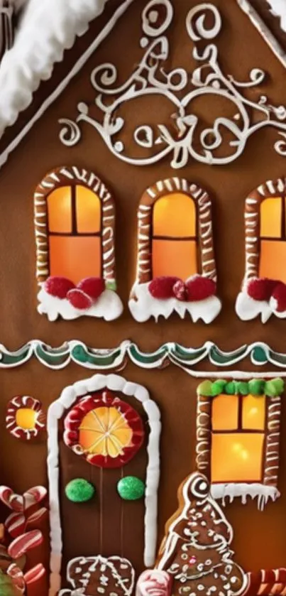 Gingerbread houses with lights and Christmas decor.