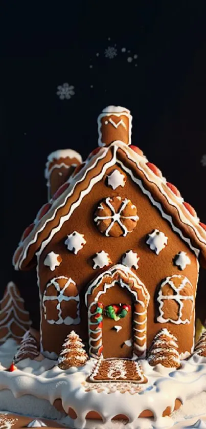 Festive gingerbread house with icing and decorations on a wintery background.