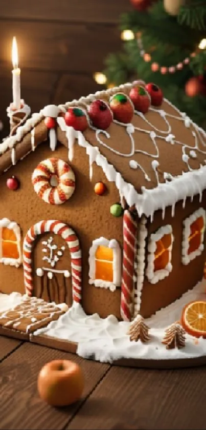 Gingerbread house decorated with candies and Christmas tree lights.