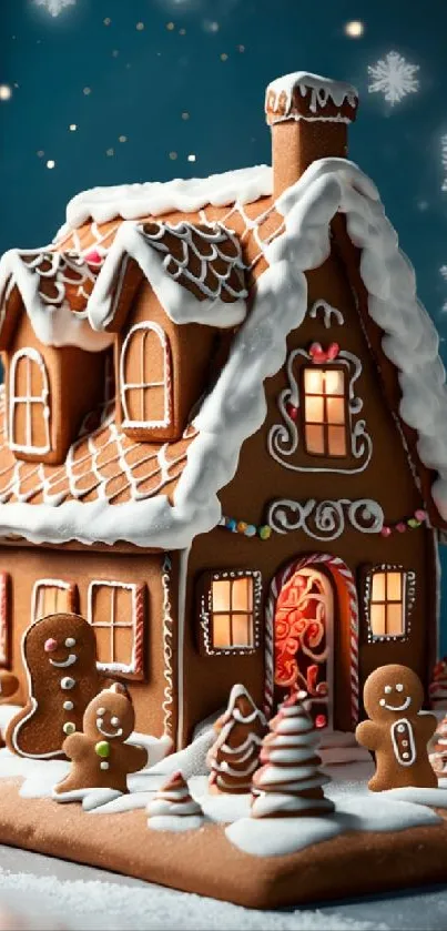 Gingerbread house with icing and gingerbread people, perfect for festive decoration.