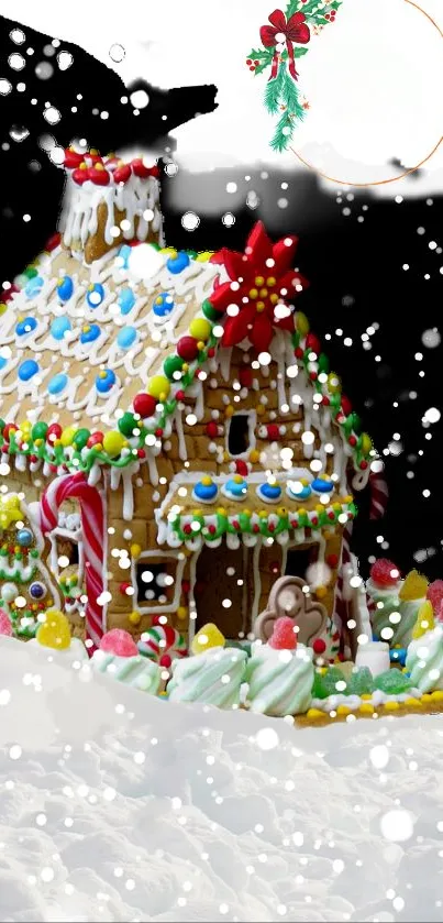 Gingerbread house with snowflakes falling, adorned with festive decorations.