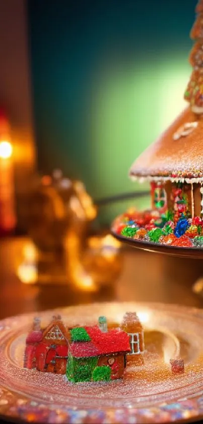 Colorful gingerbread house with festive decorations and candies.