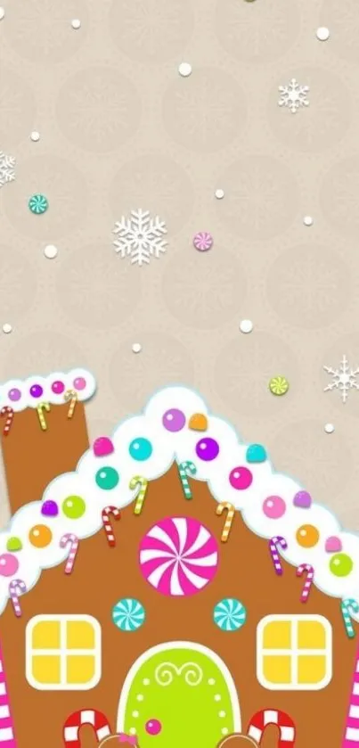 Gingerbread house with candies and snowflakes mobile wallpaper.