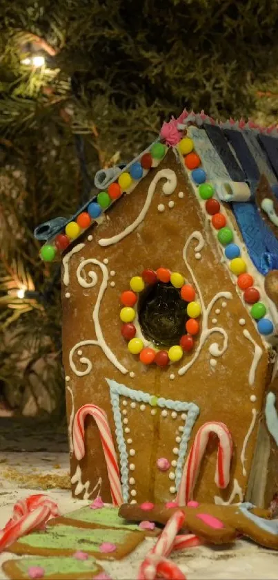 Gingerbread house with candy decorations.