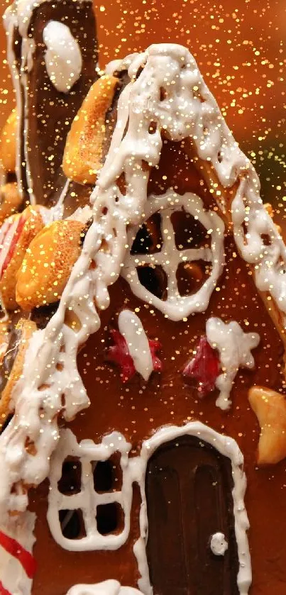 Gingerbread house with festive decorations and warm holiday lights.