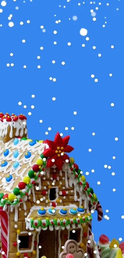Gingerbread house with snow falling and evergreen trees on a blue background.
