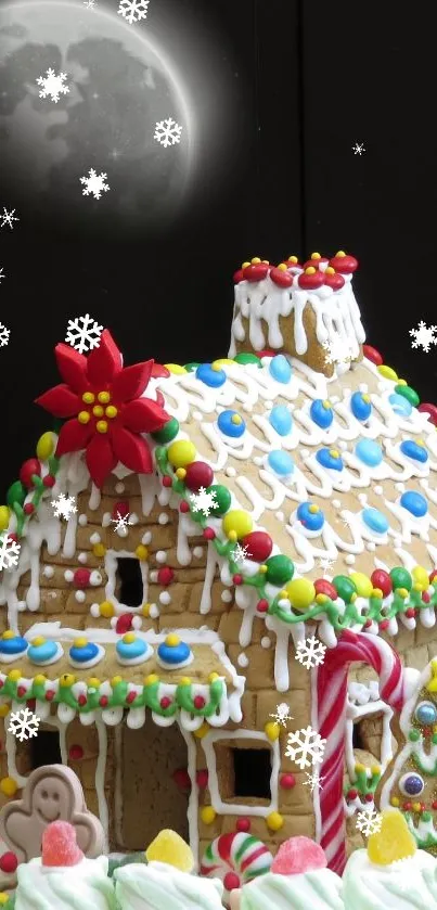 Colorful gingerbread house under a starry, snowy night sky; perfect for festive season.