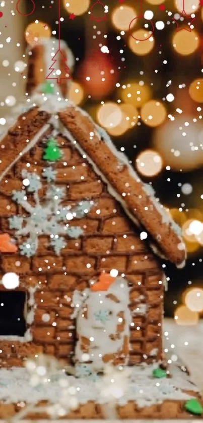 Cozy gingerbread house with festive lights and snowfall.