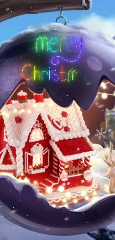 Gingerbread house in a snowy globe with neon 'Merry Christmas' sign.