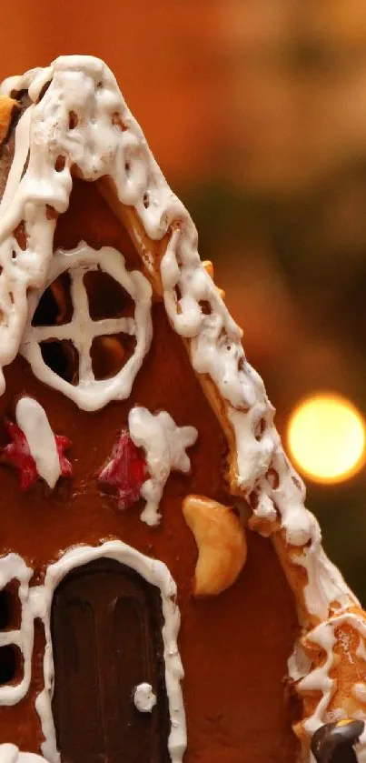 Gingerbread house with holiday lights background.