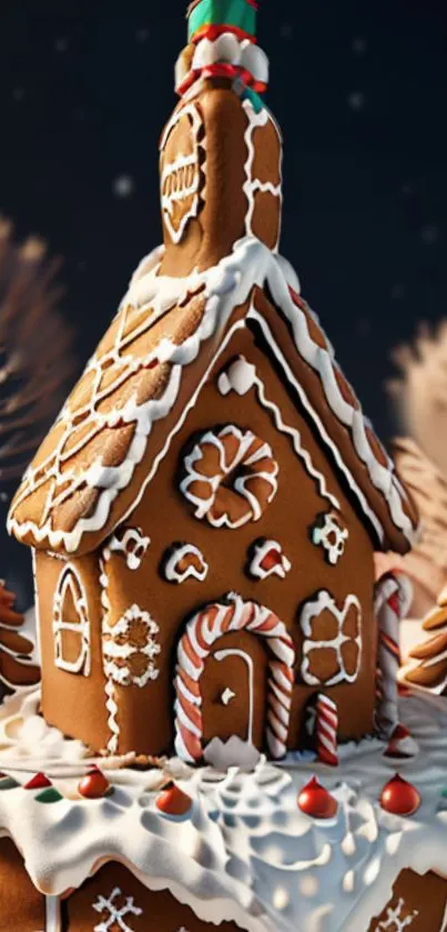 Gingerbread house with candy and snow, festive wallpaper.