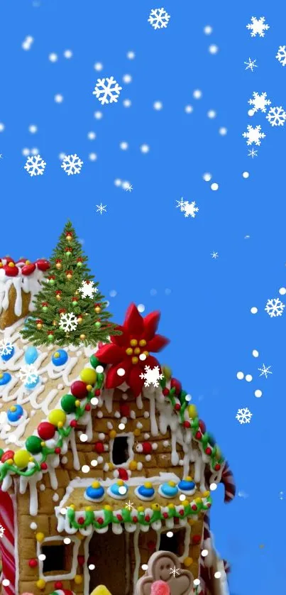 Gingerbread house with snowy Christmas trees on blue background.