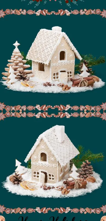 Festive gingerbread house with holiday decorations on teal background.