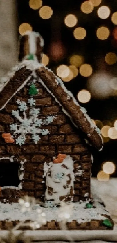 Festive gingerbread house with bokeh lights and holiday decor.
