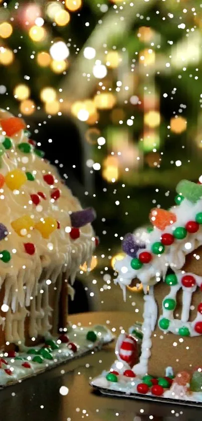 Gingerbread houses with candy topping and snowflakes for festive wallpaper.