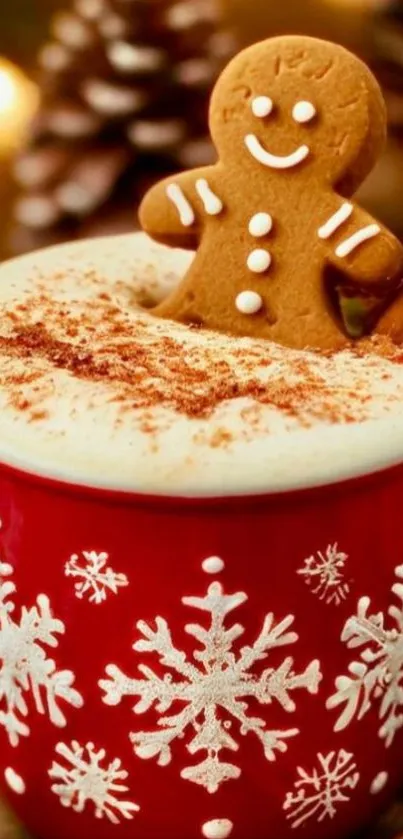Gingerbread man in frothy latte with festive design.