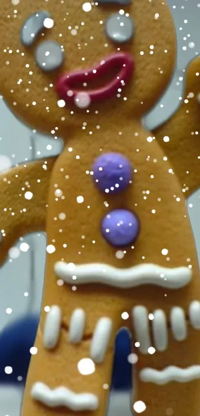 Gingerbread man with snowflakes, festive mobile wallpaper.