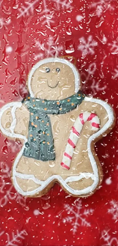 Festive mobile wallpaper with gingerbread man on a red snowflake pattern.