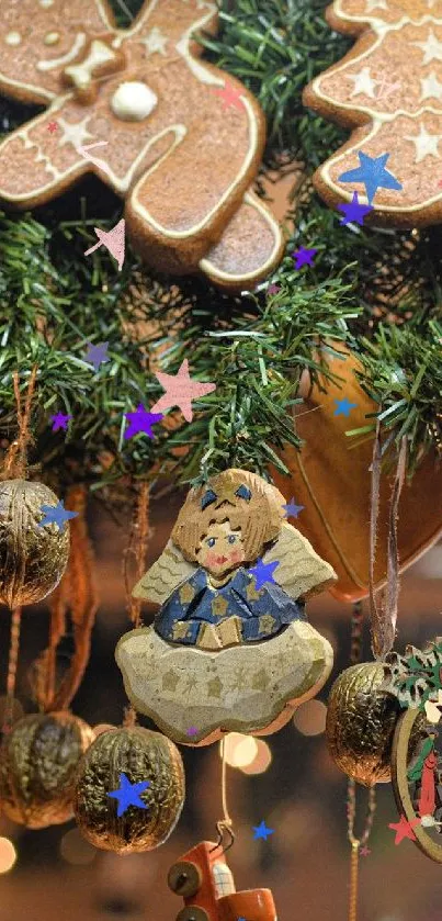 Festive gingerbread ornaments hanging with greenery.