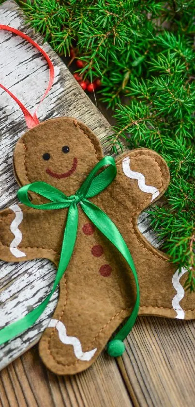 Gingerbread man on rustic wood with greenery and Christmas decor.