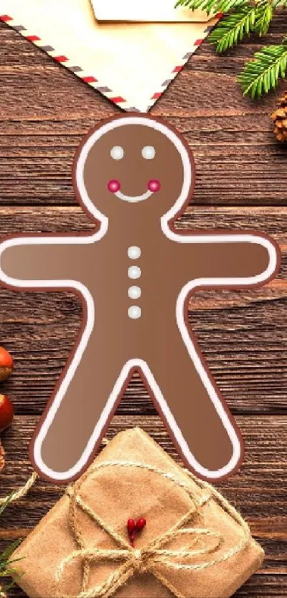 Gingerbread man on rustic wood with Christmas decor.