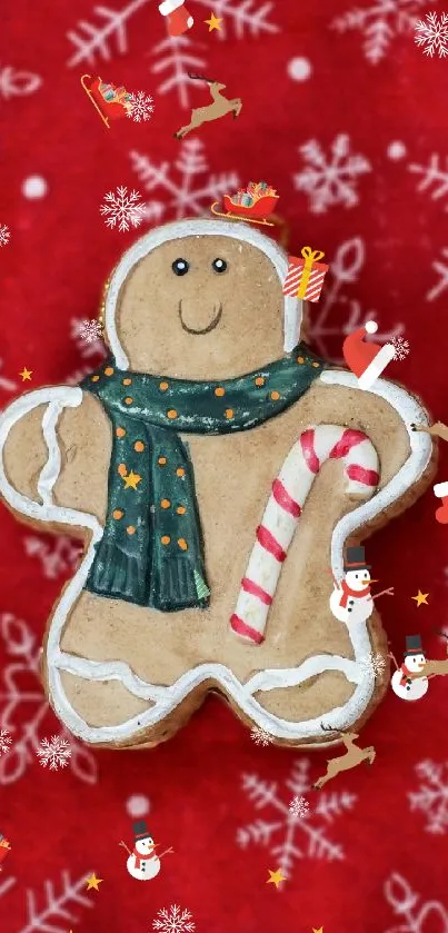 Gingerbread man on red with snowflake patterns.