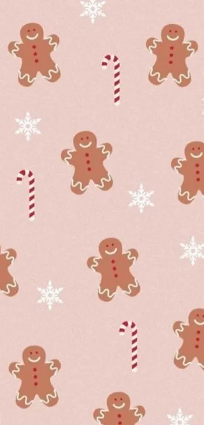 Gingerbread and candy cane holiday wallpaper with light pink background.