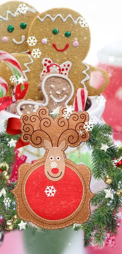 Festive mobile wallpaper with gingerbread, reindeer, and candy canes.