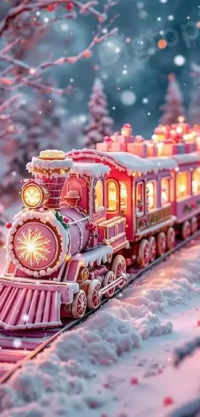 Gingerbread train in snowy winter wonderland with festive lights.