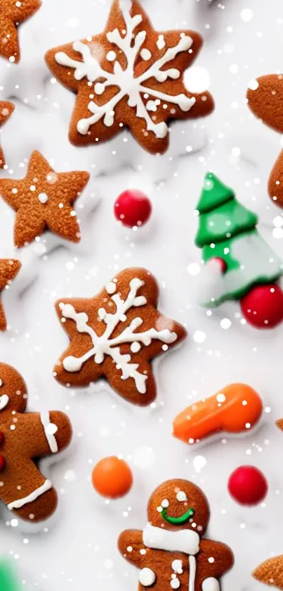 Festive mobile wallpaper with gingerbread cookies and holiday decorations.