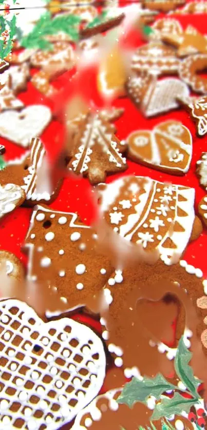 Gingerbread cookies with icing on a red festive background.