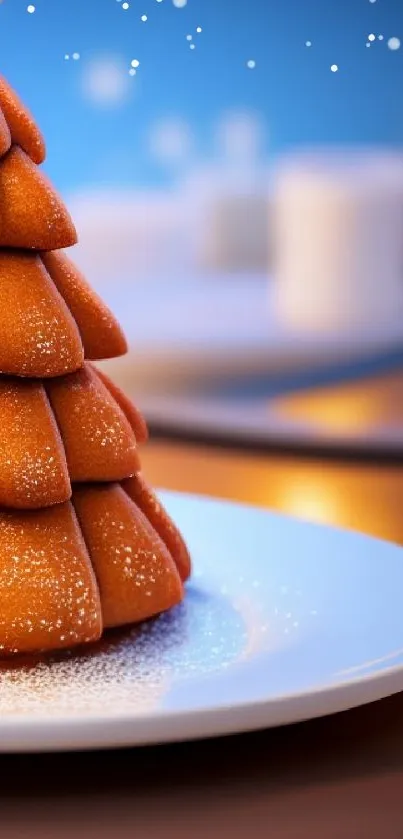 Gingerbread tree on white plate with festive background.