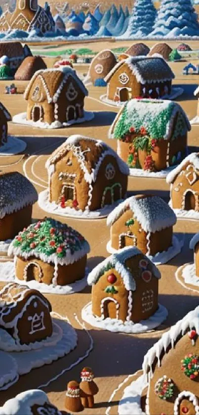 Charming gingerbread village with snowy rooftops for festive mobile wallpaper.