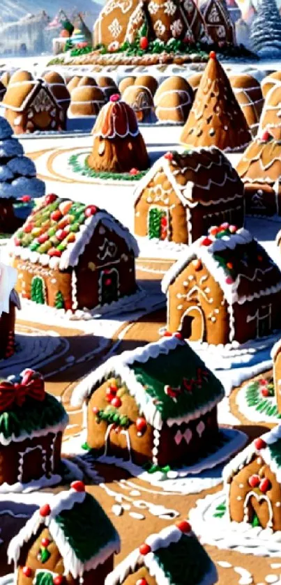 Festive gingerbread village with snowy tops and colorful candy details.