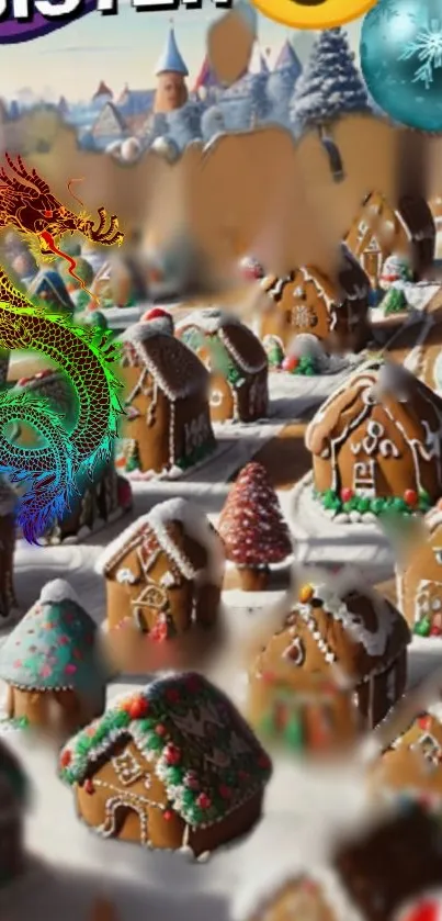 Festive gingerbread village with colorful dragon and snowy accents.