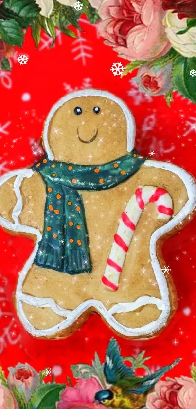 Vibrant gingerbread man with festive red background.