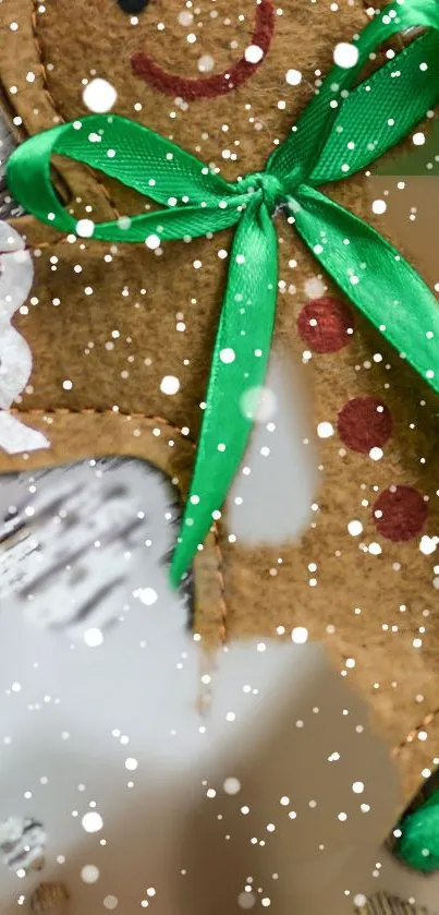 Gingerbread man with green ribbon and snowy background. Perfect holiday wallpaper.